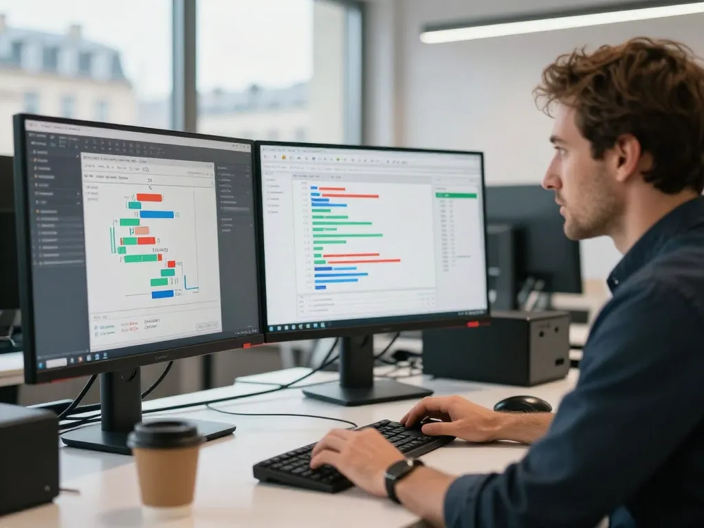 Un expert en référencement analysant des données techniques d'audit sur plusieurs écrans dans un bureau moderne à Paris pour optimiser la croissance organique.