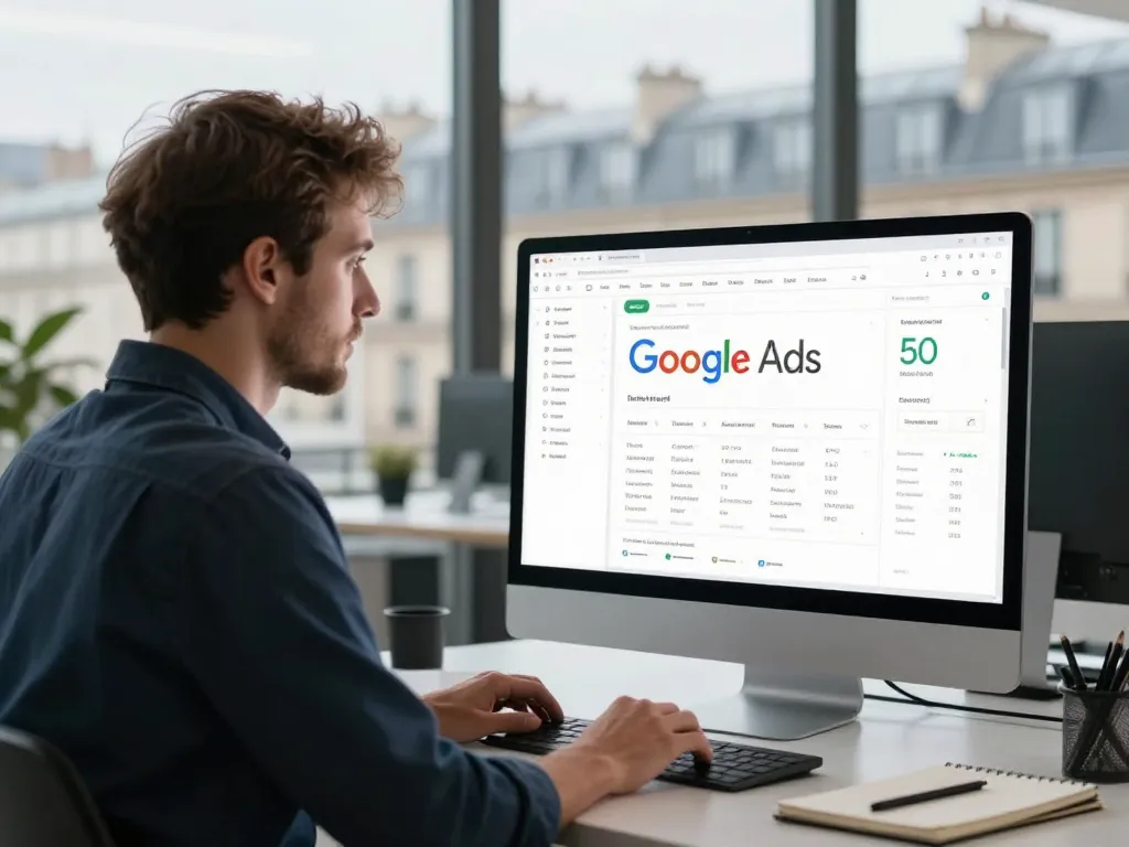 Expert en publicité digitale pilotant la rentabilité sur un tableau de bord Google Ads dans une agence parisienne.