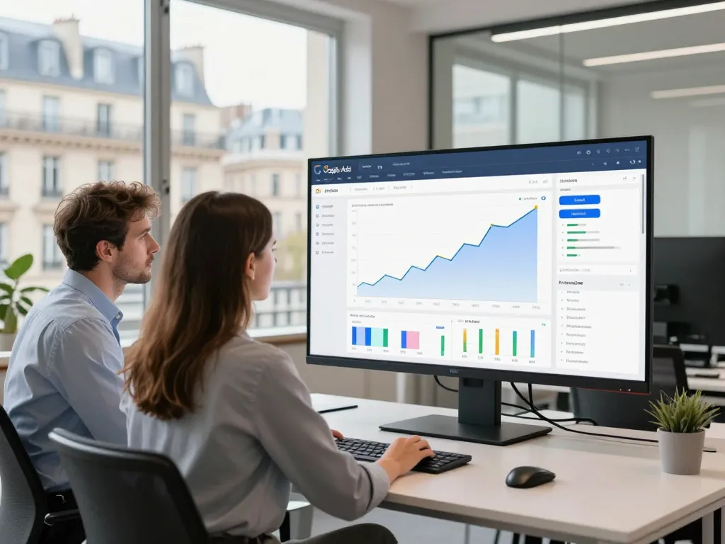 Une équipe d'experts en marketing digital analysant un tableau de bord Google Ads dans un bureau moderne à Paris pour optimiser les performances publicitaires.