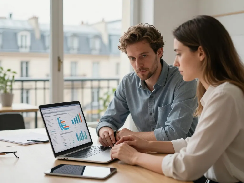 Experts en référencement naturel analysant des rapports de performance digitale dans un bureau moderne à Paris 10.