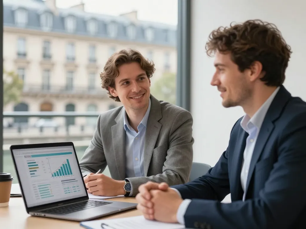 Consultant SEO et client discutant d'une stratégie de référencement dans un bureau moderne du 10ème arrondissement de Paris.