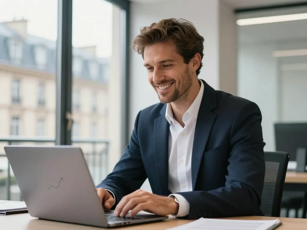 Entrepreneur souriant dans un bureau moderne à Paris analysant sa courbe de croissance digitale sur un ordinateur.