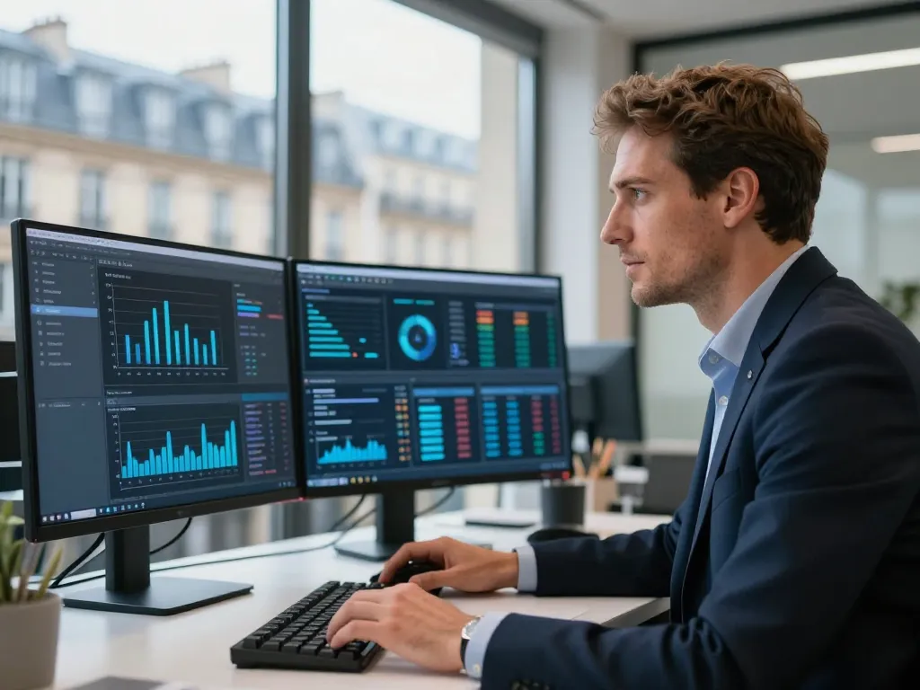 Experte SEO analysant des graphiques de données complexes et une interface ERP personnalisée dans un bureau moderne à Paris.