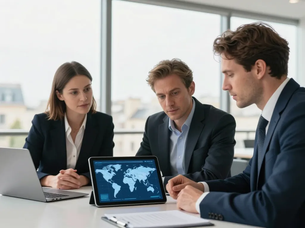 Équipe de consultants en stratégie digitale discutant de visibilité internationale dans un bureau moderne à Paris.