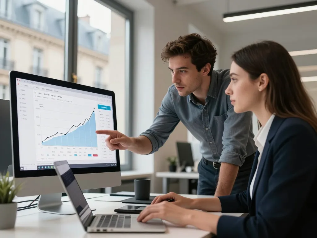 Équipe d'experts en référencement naturel travaillant dans un bureau parisien moderne sur des stratégies de croissance et de visibilité Google.