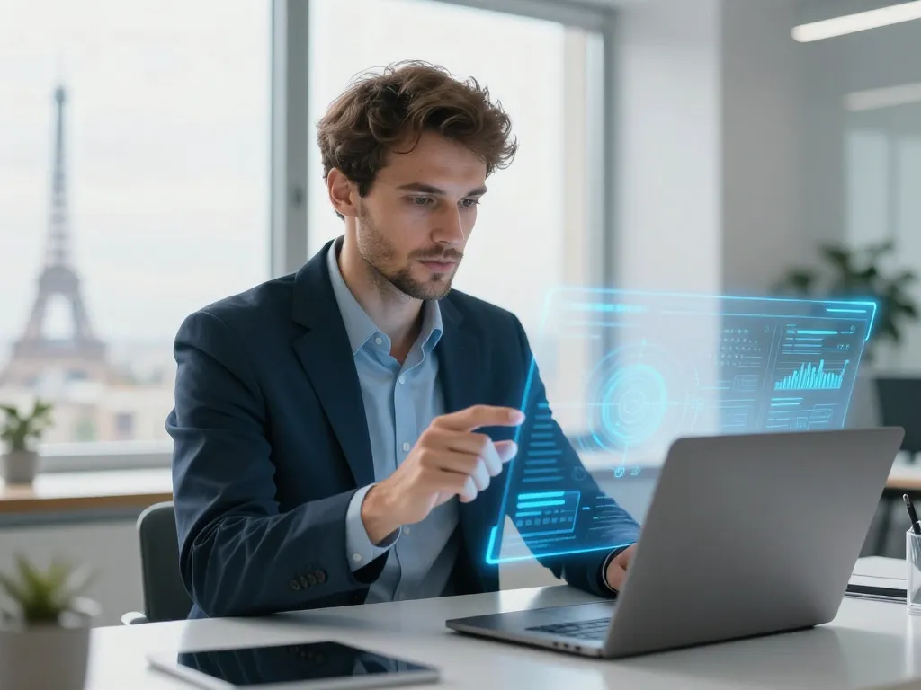 Consultant en marketing digital à Paris utilisant l'intelligence artificielle pour optimiser la gestion de campagnes publicitaires.