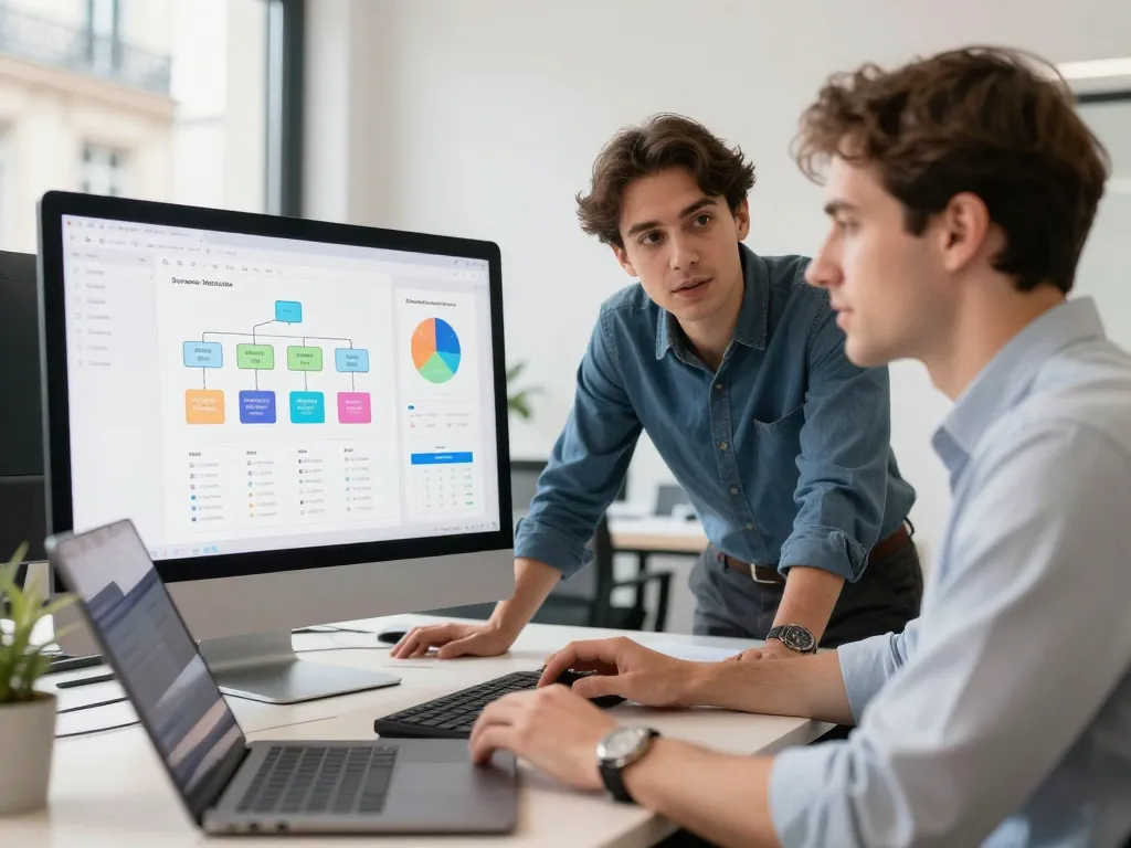 Experts en marketing et développement travaillant sur la sécurité Jamstack et le SEO d'un site e-commerce dans un bureau à Paris.