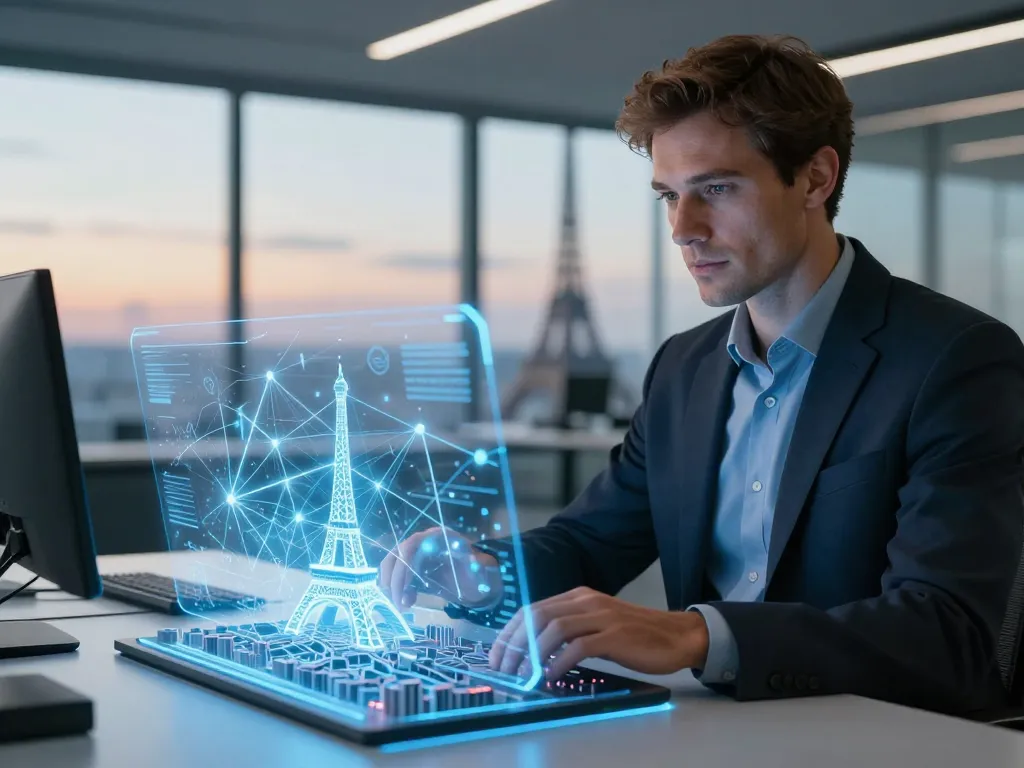 Expert SEO analysant une carte 3D interactive de Paris avec des flux de données et des réseaux de neurones futuristes dans un bureau moderne.