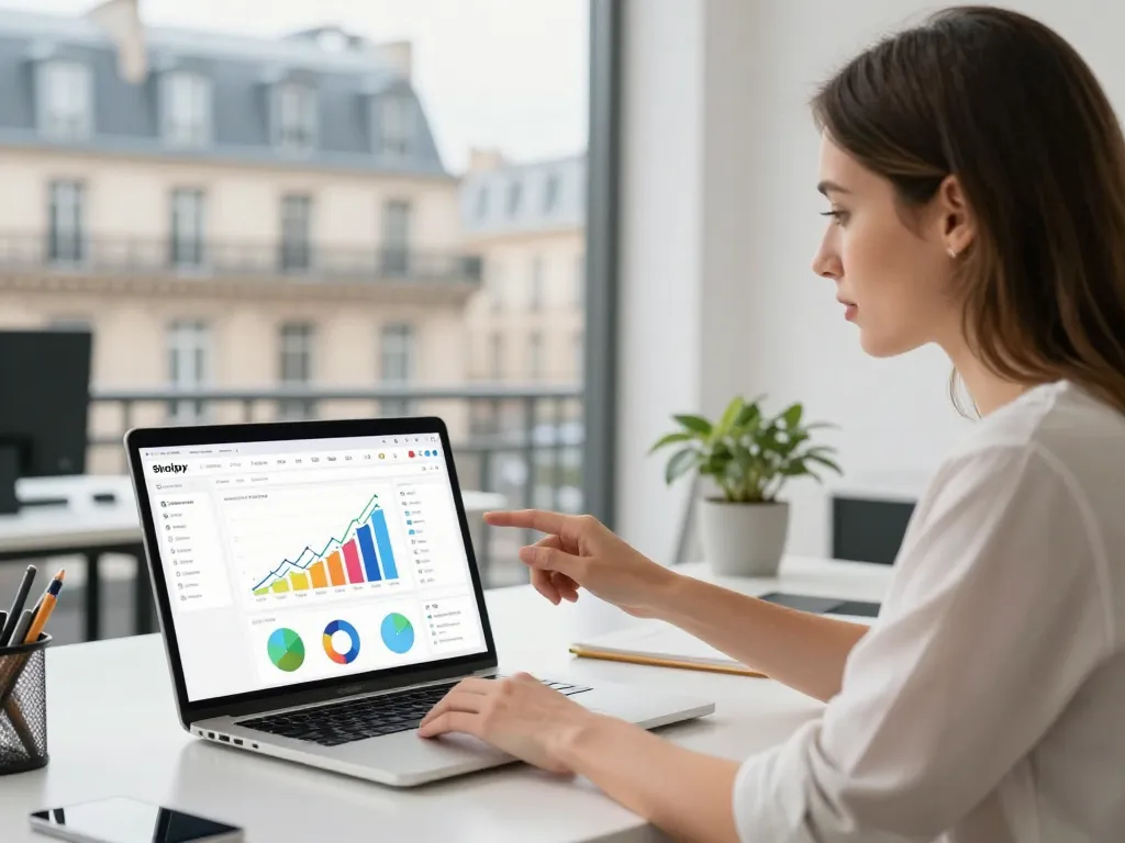 Un expert SEO et une entrepreneuse analysant les statistiques de vente d'une boutique Shopify sur un ordinateur dans un bureau lumineux.