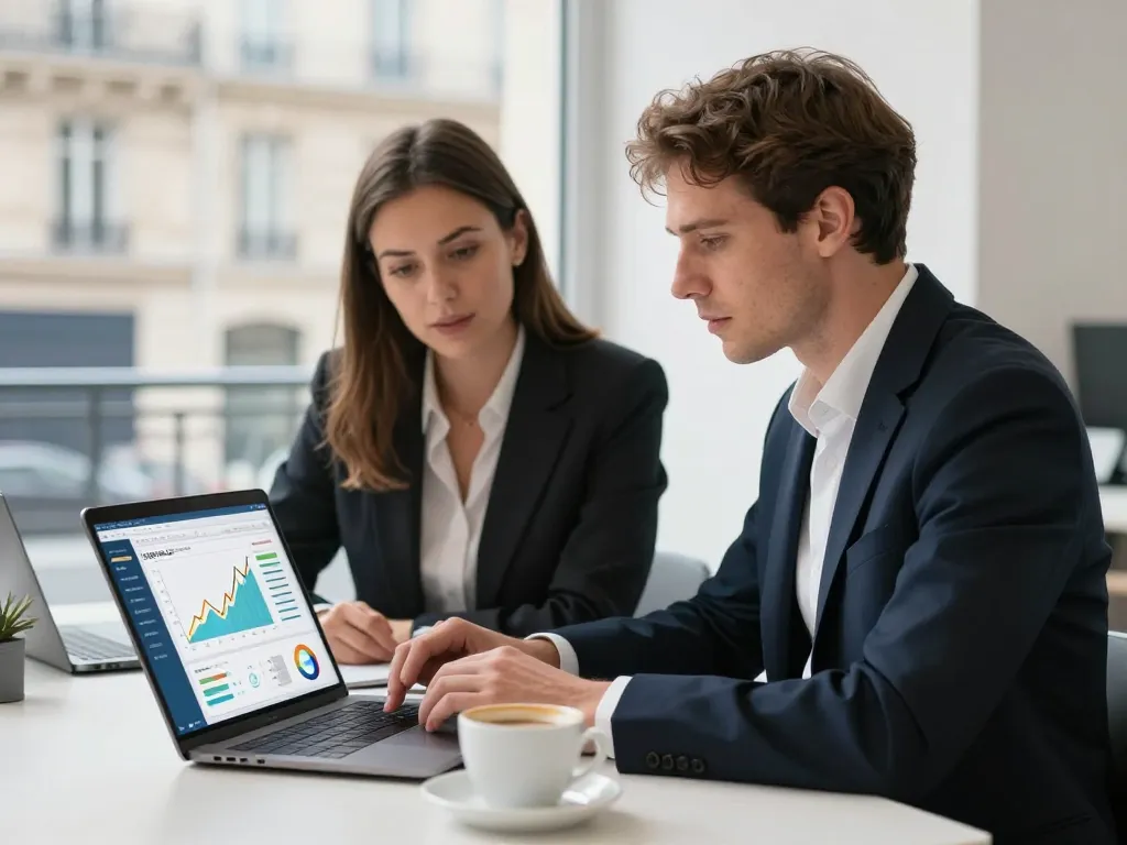 Équipe d'experts analysant un tableau de bord SEO WordPress avec des courbes de croissance dans un bureau moderne à Paris.