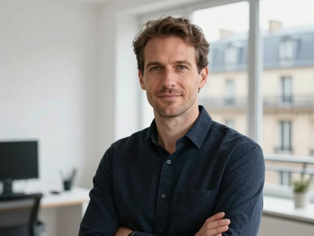 Portrait professionnel d'Alexandre, consultant expert en stratégie de référencement dans son agence à Paris.