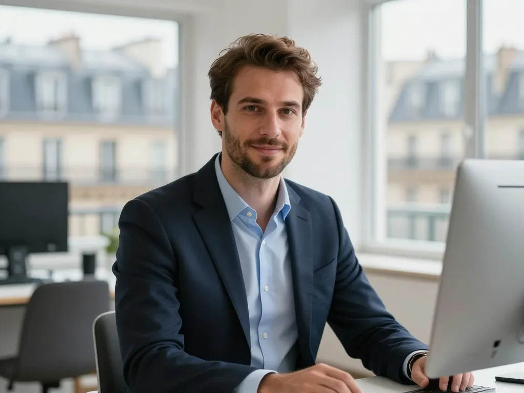 Alexandre, expert traffic manager à Paris, travaillant sur une stratégie Google Ads dans un bureau lumineux.