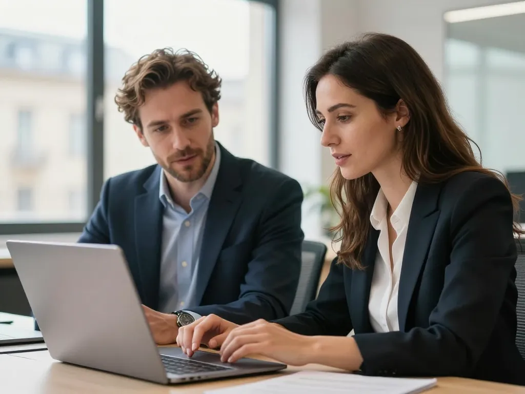 Alexandre et Sarah, deux experts en marketing digital collaborant sur une stratégie publicitaire dans un bureau parisien lumineux.