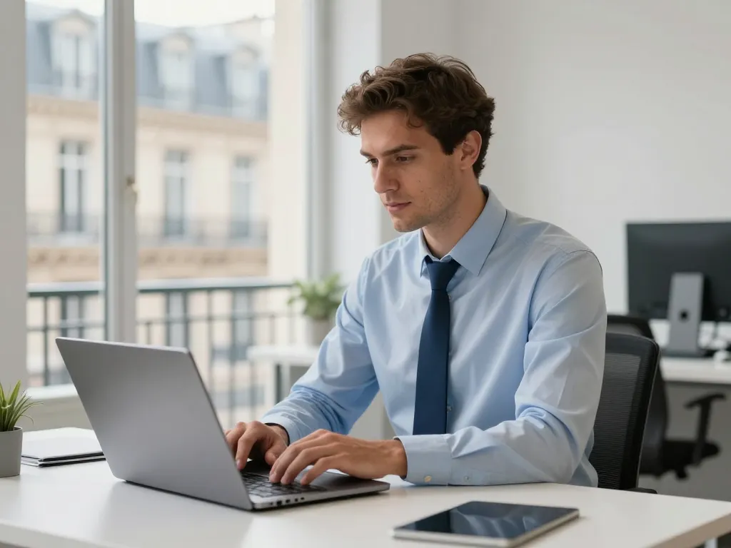 Portrait d'Alexandre, expert Traffic Manager à Paris, travaillant sur des campagnes SEA dans un bureau moderne.