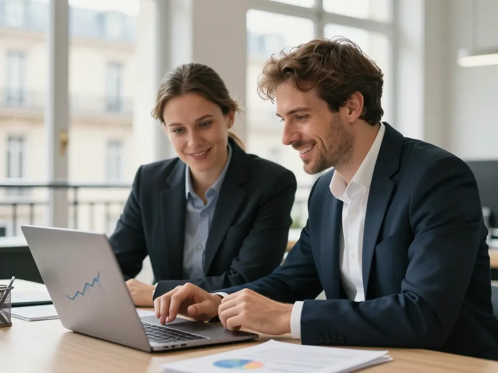 Consultant SEO et cliente satisfaite analysant des graphiques de croissance et de conversion sur un ordinateur dans un bureau à Paris.