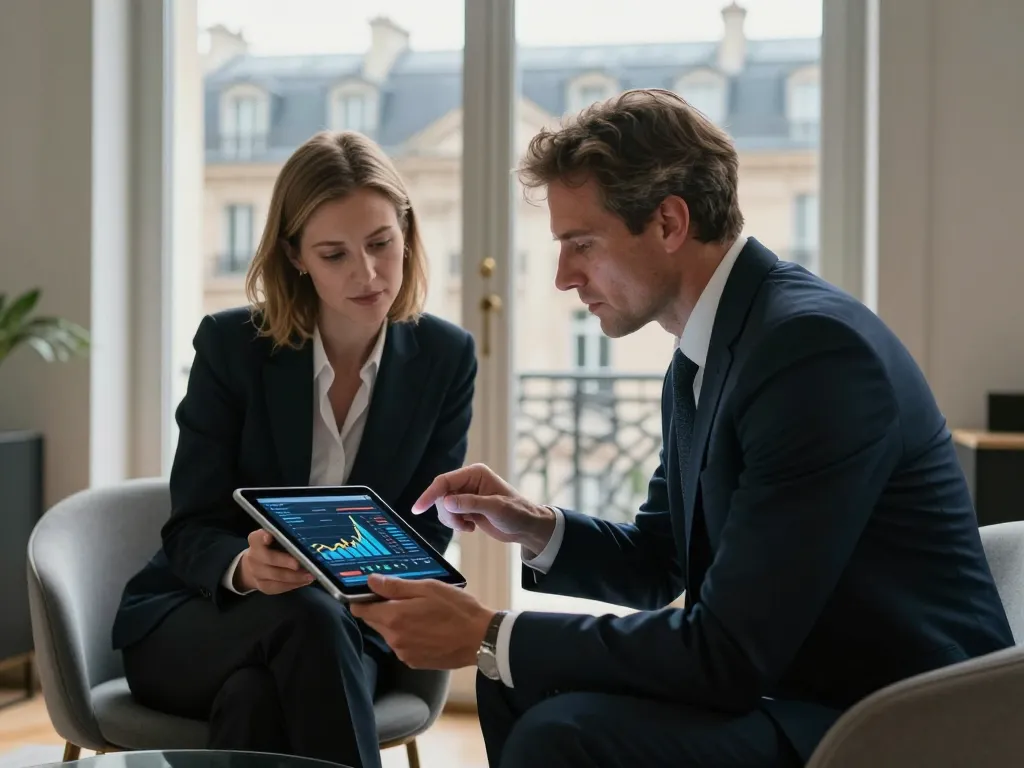 Consultants en stratégie digitale examinant un diagnostic de performance publicitaire sur tablette dans un bureau parisien.