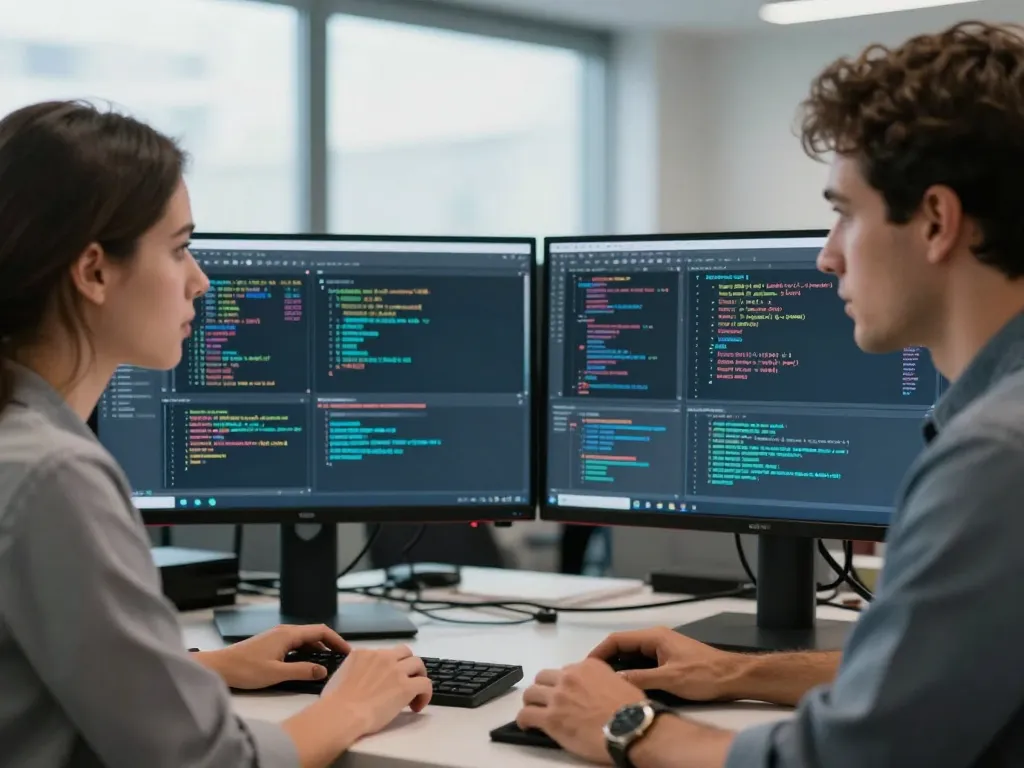 Deux experts en audit SEO analysant des graphiques de données et l'optimisation technique d'un site web sur des écrans haute définition.