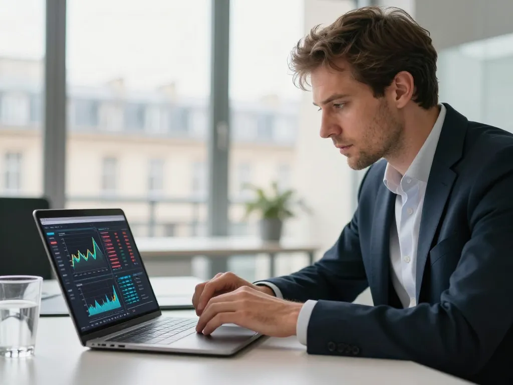 Expert en marketing numérique analysant des graphiques de performance et des données techniques sur un ordinateur portable dans un bureau lumineux.