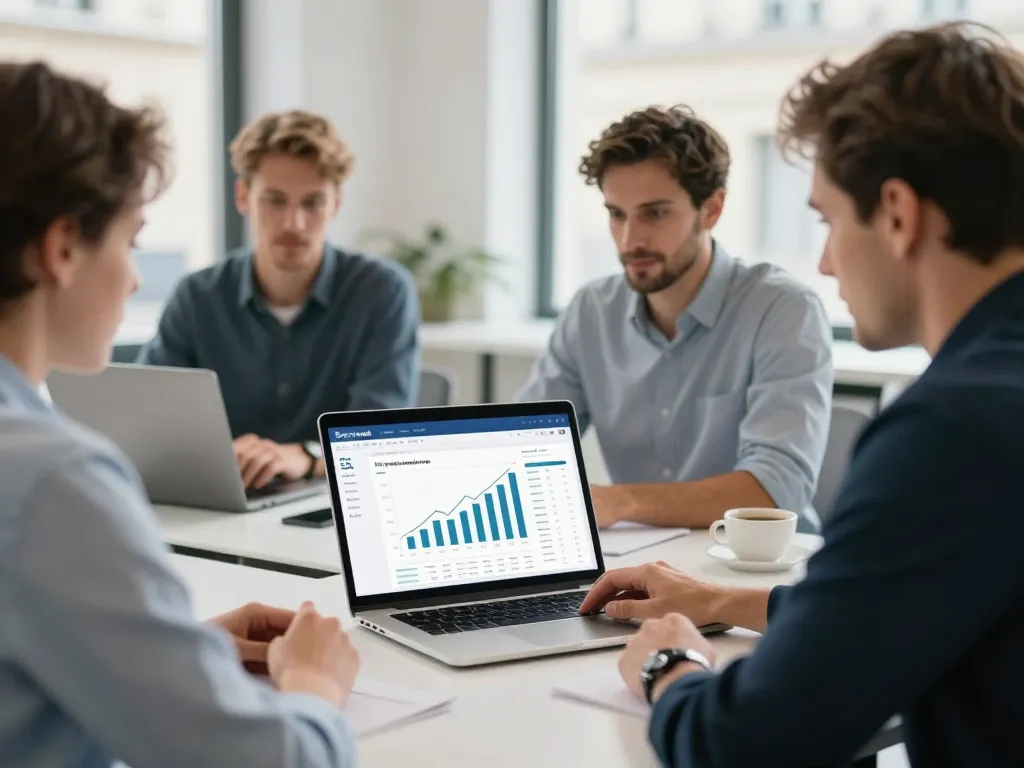 Experts en marketing digital analysant un audit SEO technique et des courbes de croissance organique sur un écran d'ordinateur dans une agence.