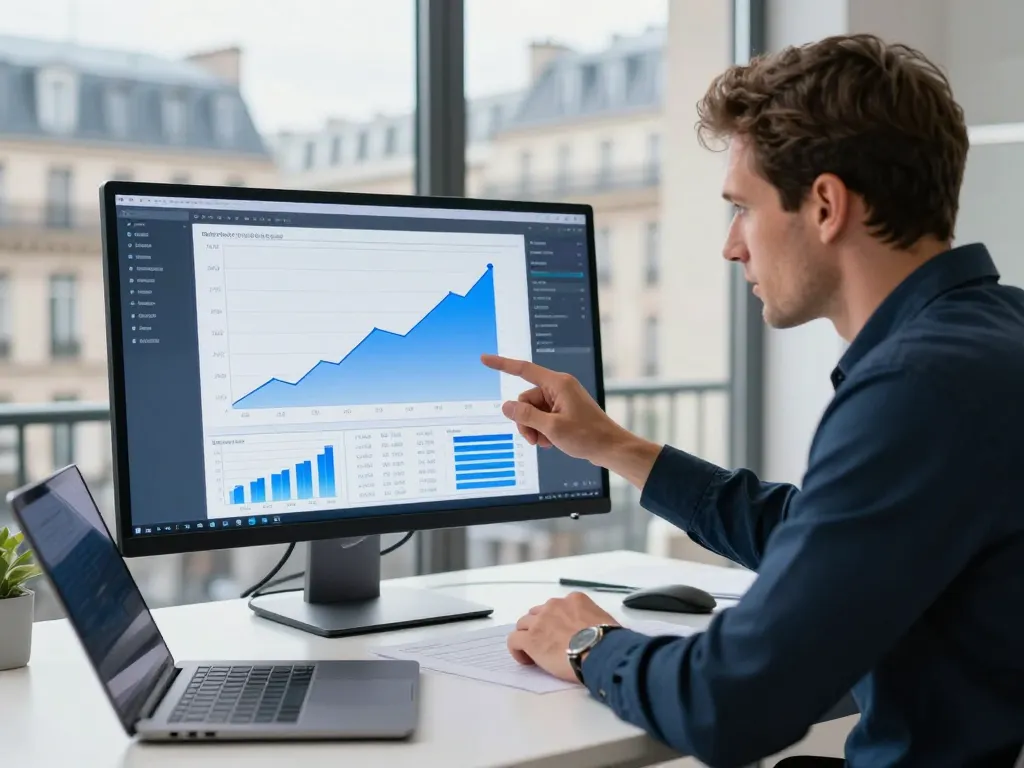 Un expert en audit SEO analyse des tableaux de bord de données et des graphiques de croissance sur des écrans dans un bureau moderne.