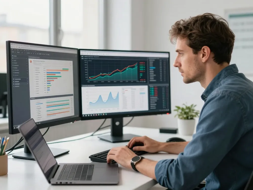 Expert en stratégie SEO analysant un audit technique sur des écrans d'ordinateur dans un bureau moderne à Paris.