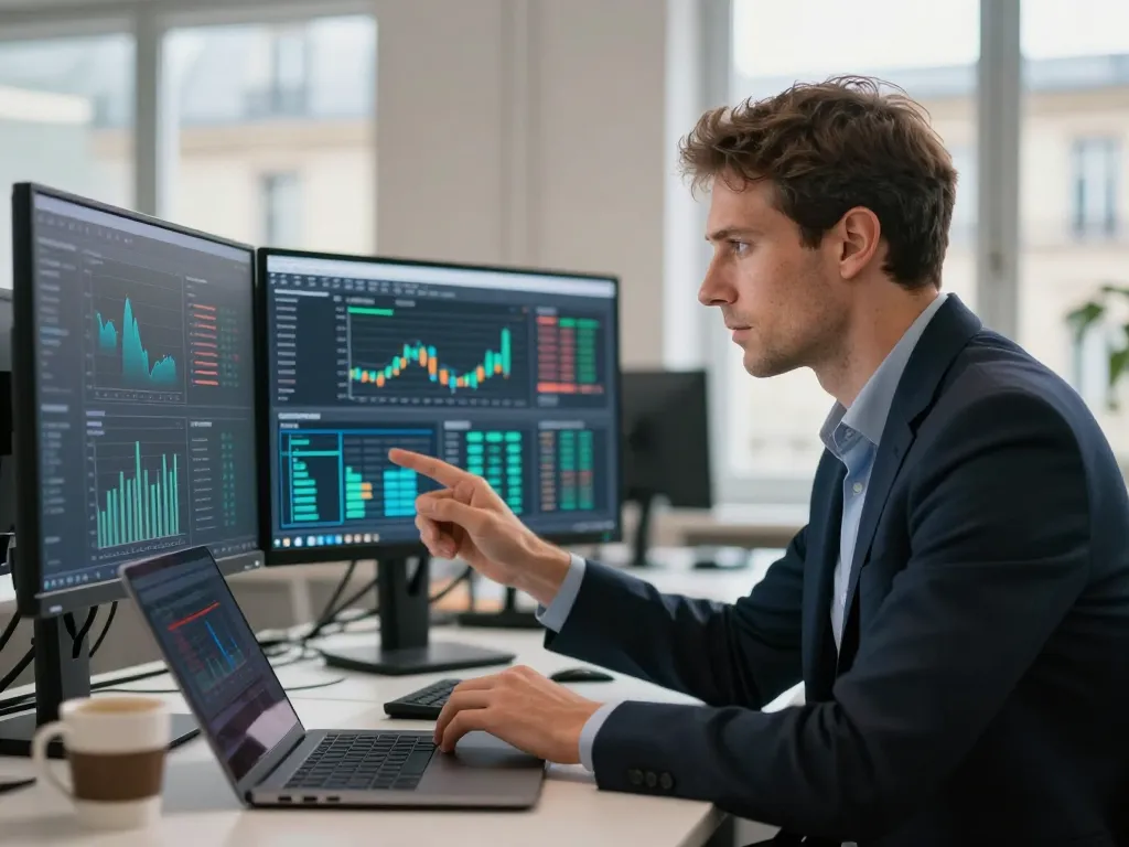 Expert en référencement analysant un audit technique complet sur plusieurs écrans dans un bureau du 10ème arrondissement de Paris.