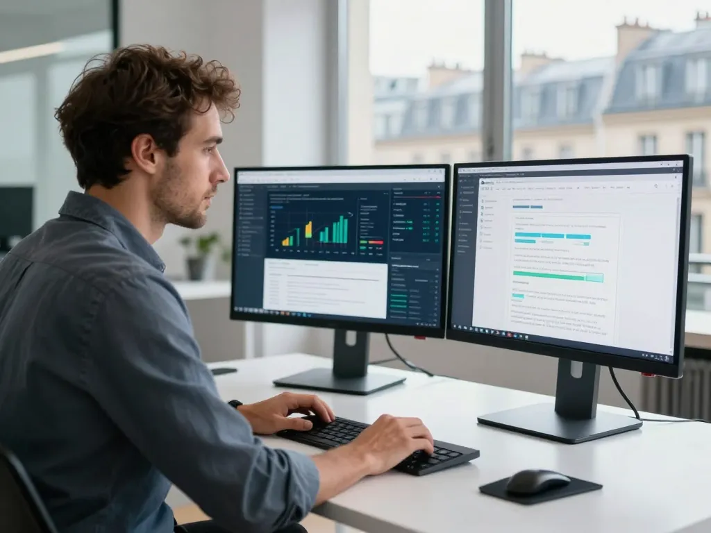 Un expert en référencement analyse un audit technique sur ses écrans dans un bureau moderne à Paris.