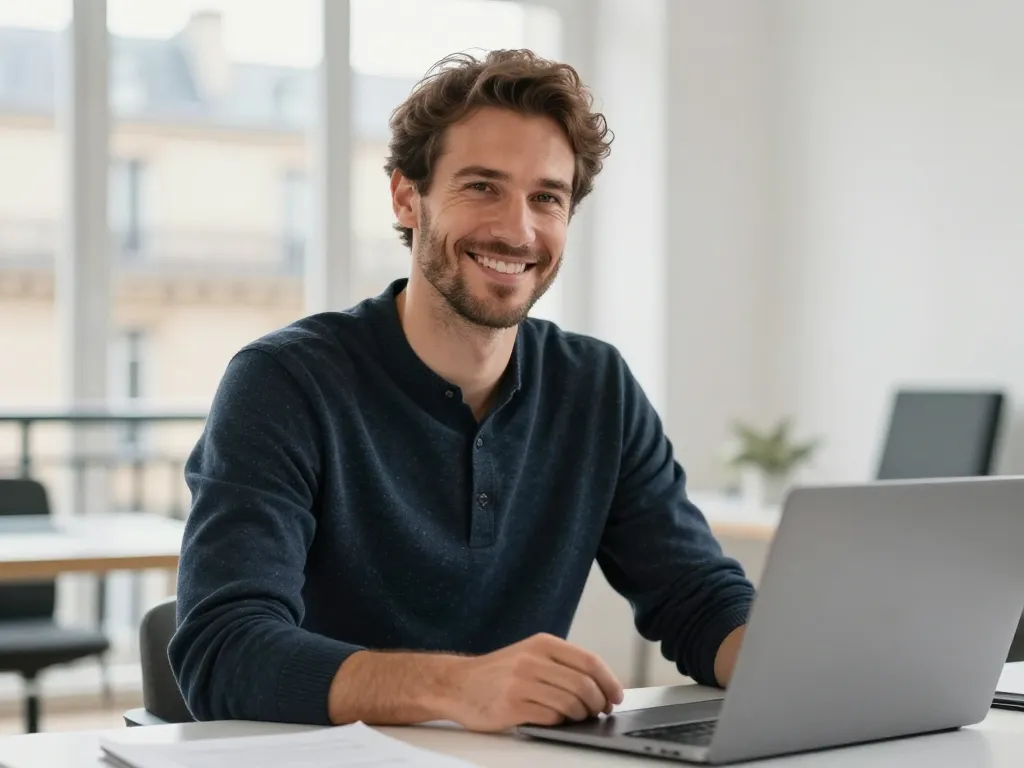 Portrait d'un utilisateur professionnel souriant et satisfait dans un bureau moderne à Paris.