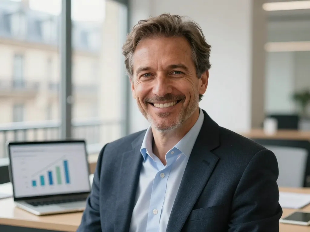 Portrait d'un entrepreneur parisien satisfait nommé Jean D. souriant dans un bureau lumineux pour illustrer son témoignage sur les résultats obtenus.