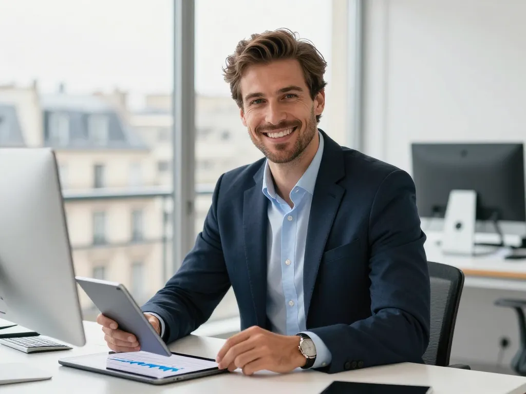 Portrait de Marc A., un entrepreneur parisien souriant et satisfait des résultats de sa stratégie de netlinking.