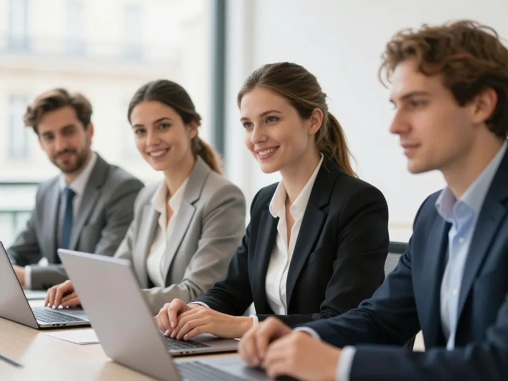 Portrait d'une équipe de professionnels souriants dans un bureau moderne à Paris pour illustrer les témoignages clients.