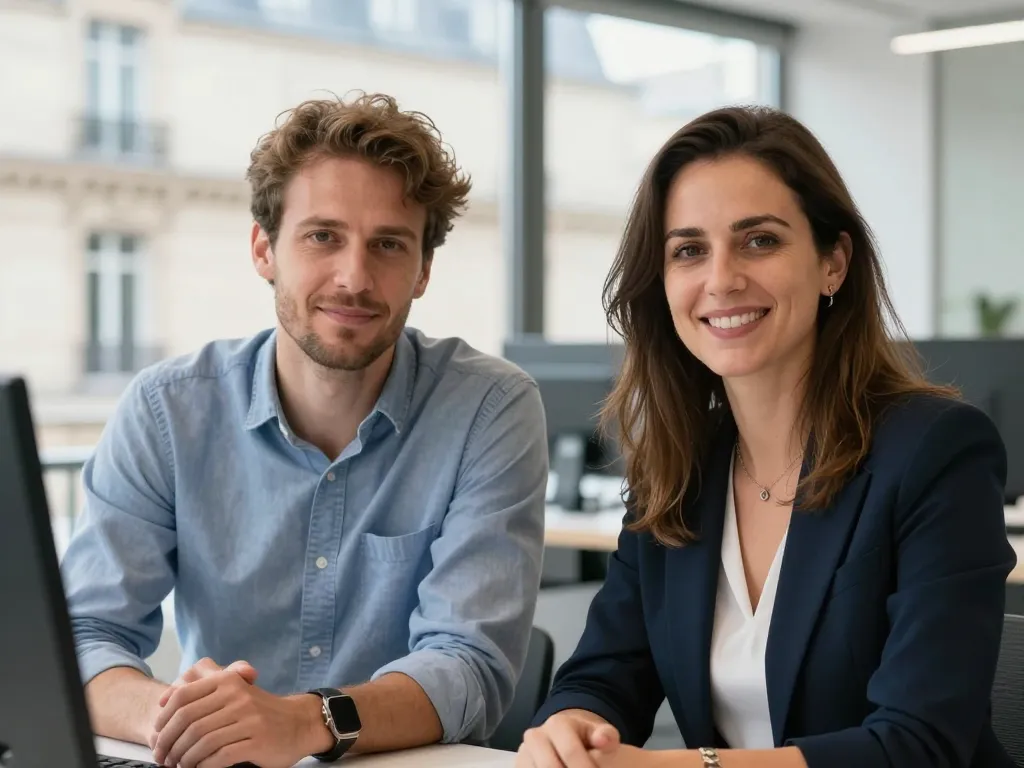 Benoît et Marine, experts en référencement naturel de l'agence SEO à Paris, souriants dans leur bureau moderne.
