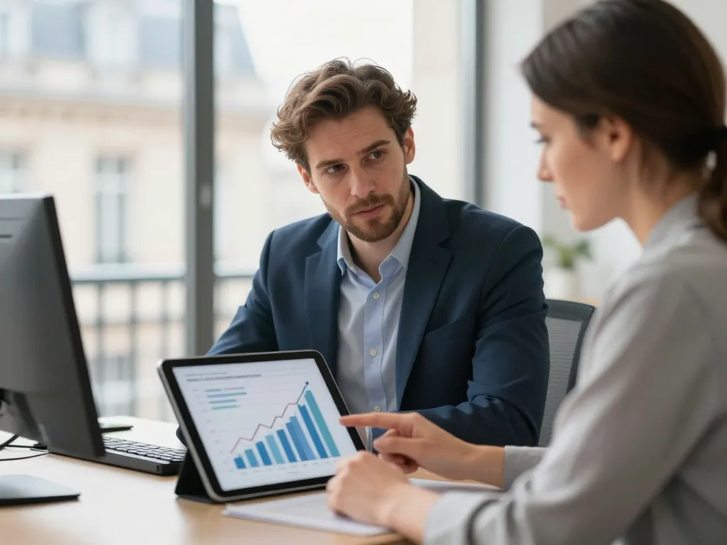 Consultant SEO et client analysant des graphiques de rentabilité et de croissance sur une tablette dans un bureau moderne.