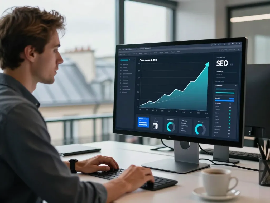 Expert SEO analysant des graphiques de croissance du netlinking et de l'autorité de domaine dans un bureau moderne à Paris.