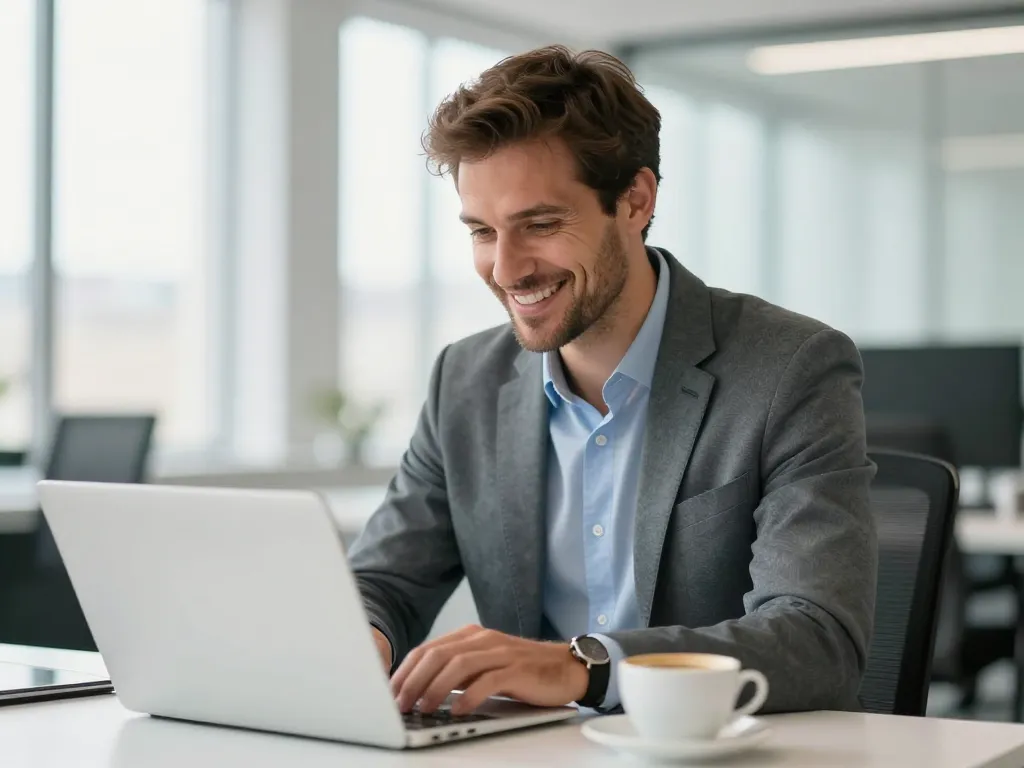 Un chef d'entreprise souriant devant son ordinateur dans un bureau moderne à Paris, témoignant de sa satisfaction.