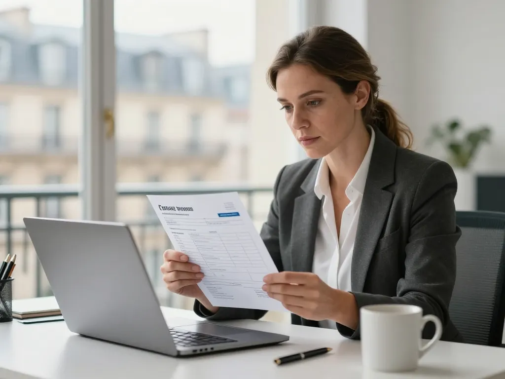 Une consultante SEO à Paris vérifiant la conformité des mentions obligatoires sur un document numérique dans un bureau moderne.