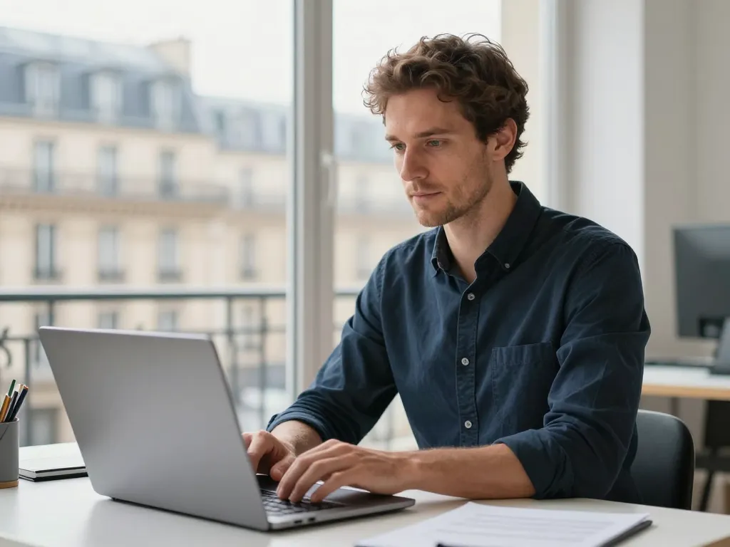 Portrait d'un expert SEO indépendant travaillant dans son bureau à Paris avec vue sur les toits parisiens.