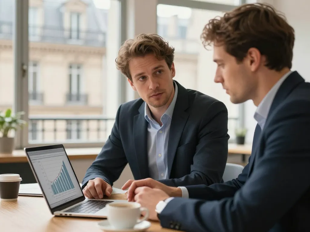 Un consultant SEO freelance échangeant avec un client dans un bureau moderne à Paris pour optimiser sa stratégie digitale.