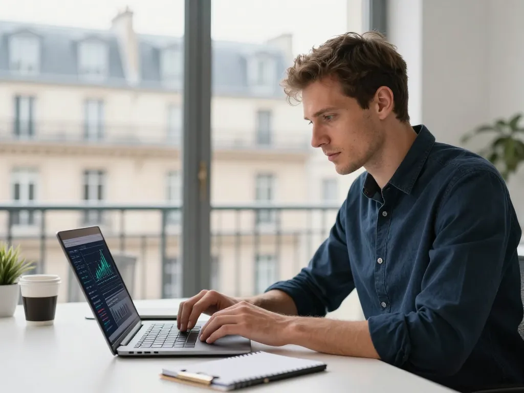 Expert consultant SEO à Paris analysant des graphiques de performance sur son ordinateur dans un bureau moderne pour propulser un business en première page.