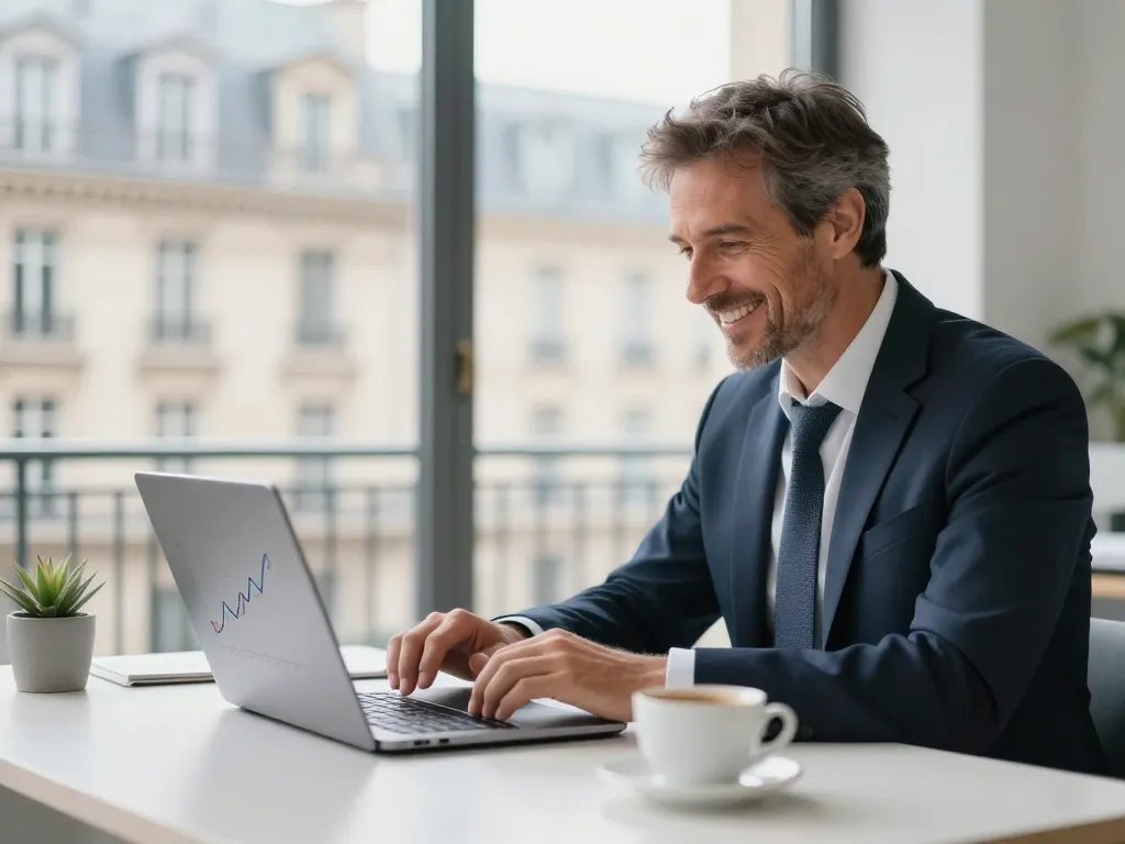 Un entrepreneur souriant devant son ordinateur affichant une courbe de croissance digitale dans un bureau moderne.