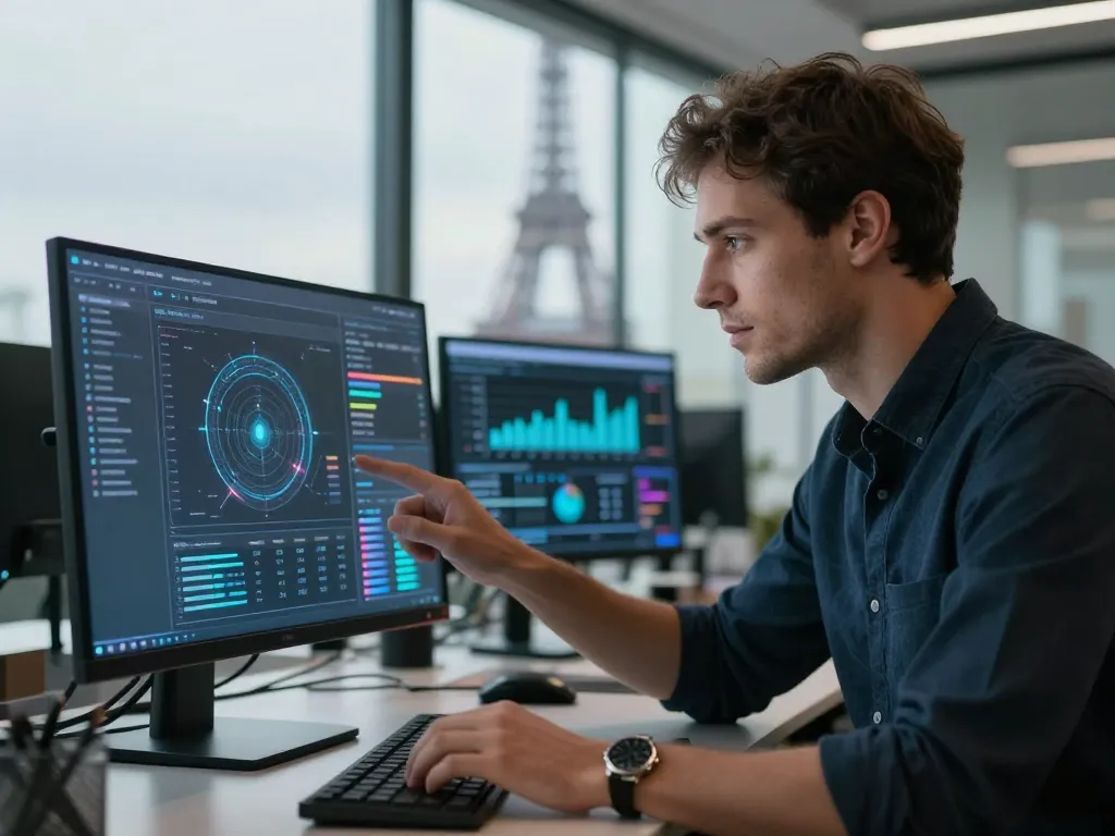 Expert consultant analysant un tableau de bord de données d'intelligence artificielle pour l'acquisition digitale sur un écran futuriste.