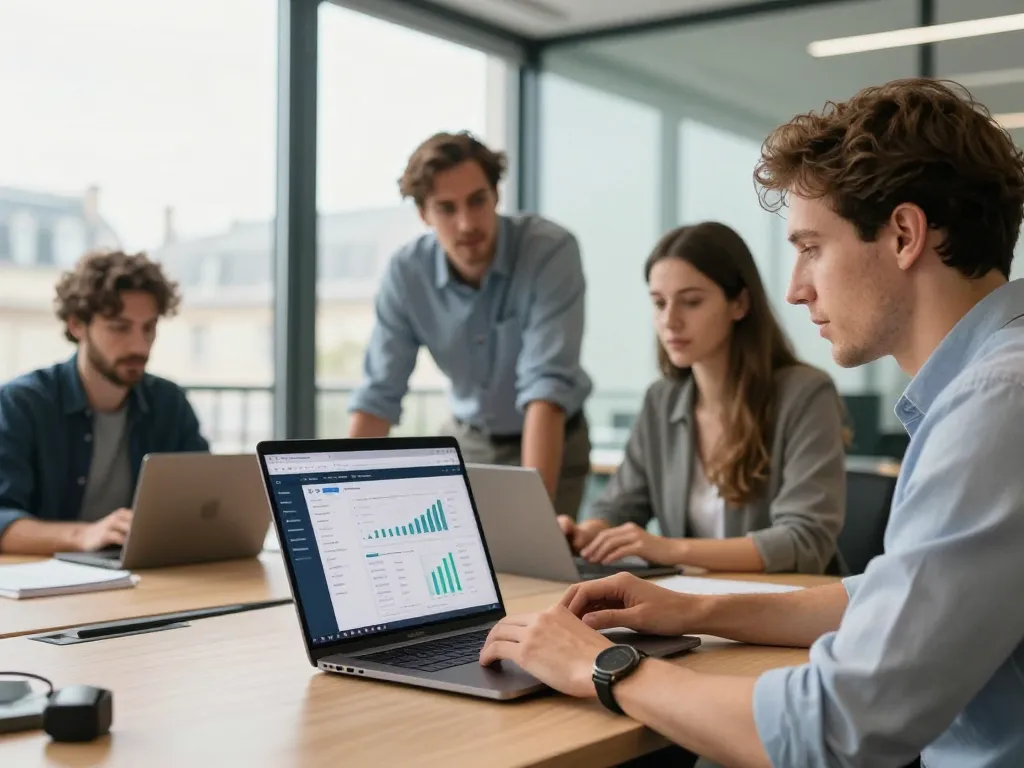 Équipe d'experts en développement web collaborant sur une stratégie e-commerce rentable dans un bureau moderne.