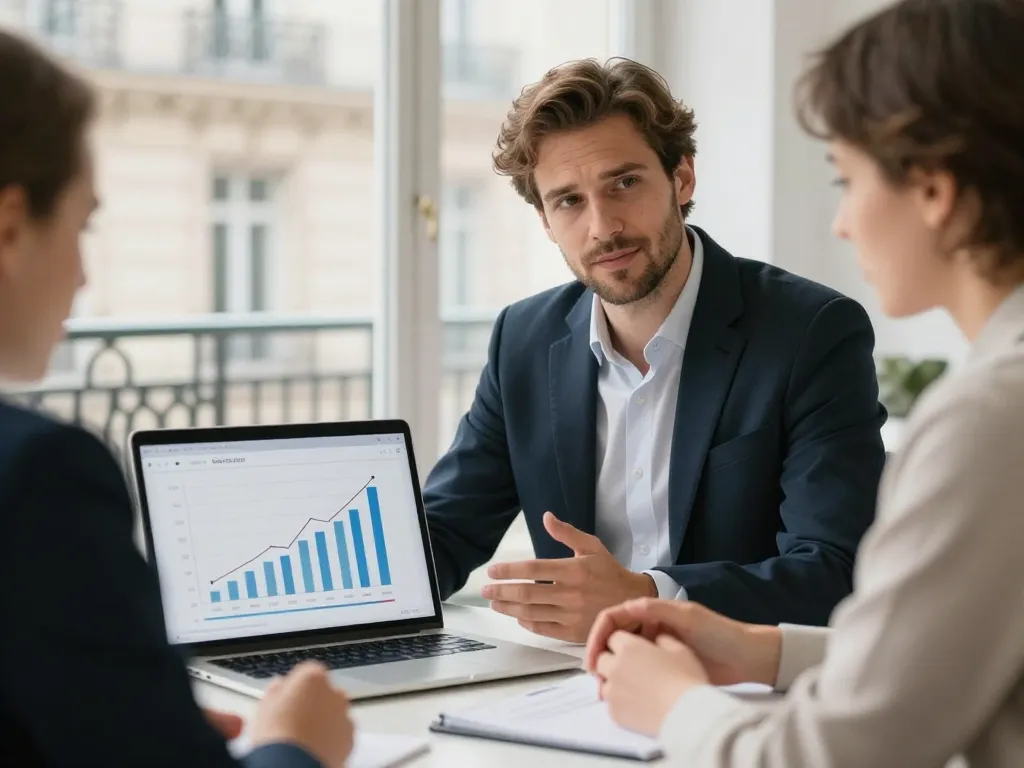Consultant SEO expert présentant une analyse de performance web sur un ordinateur dans un bureau professionnel à Paris.