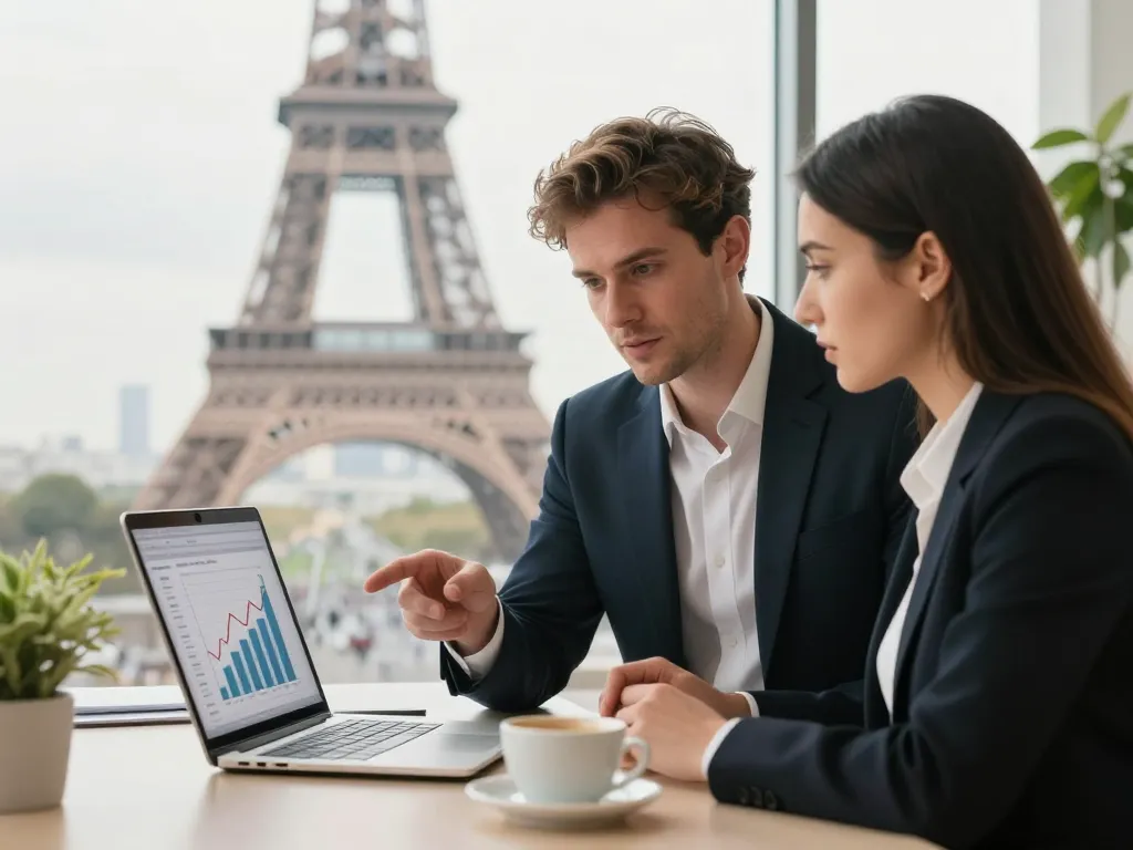 Expert en référencement naturel et cliente discutant d'un devis pour une stratégie SEO de haute performance dans un bureau à Paris.