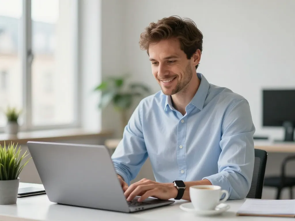 Consultant SEO expert travaillant sur un devis de stratégie digitale dans un bureau moderne à Paris.