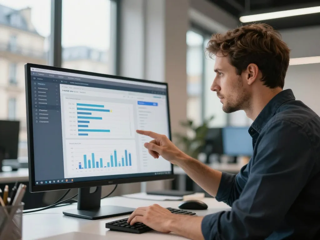 Un expert en référencement web analysant des graphiques de performance sur un tableau de bord digital dans un bureau moderne à Paris.