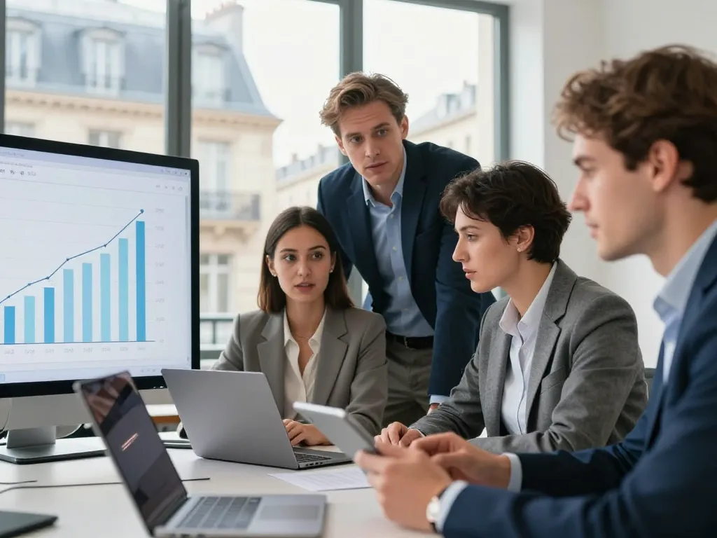Équipe d'experts SEO passionnés collaborant dans un bureau moderne à Paris pour optimiser les résultats de recherche.