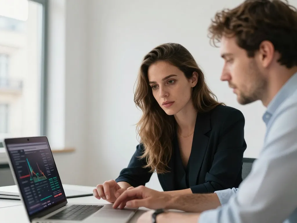 Alexandre et Sarah, experts en marketing digital, collaborant sur un audit de performance dans leurs bureaux parisiens.