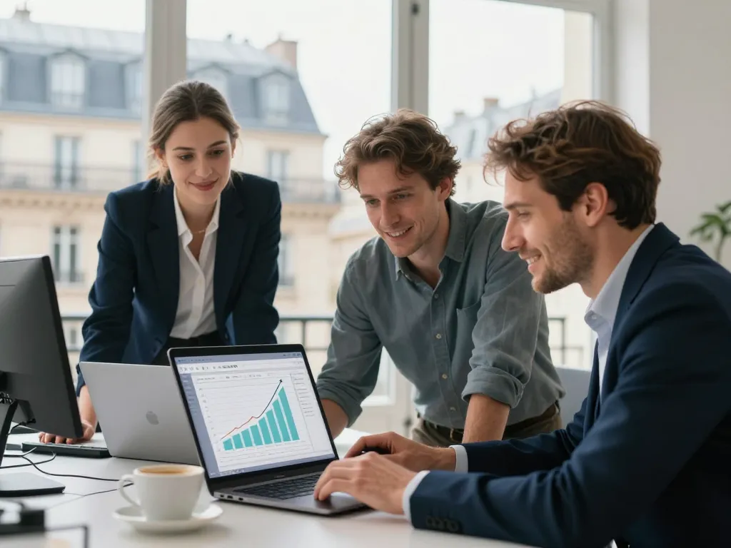Une équipe d'experts SEO en pleine collaboration dans un bureau moderne à Paris devant un graphique de résultats en progression.