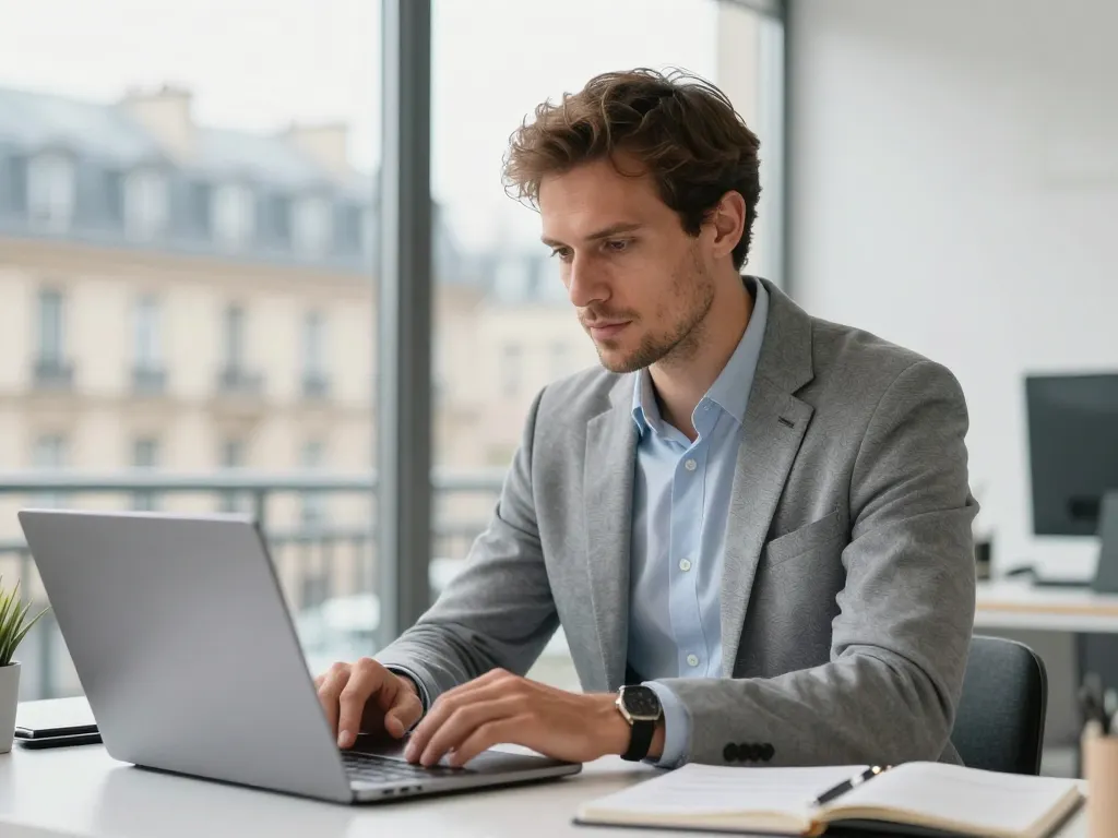 Un expert en stratégie de référencement naturel travaillant dans son bureau moderne à Paris.